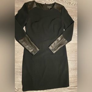 Rag & Bone black silk blend shift dress with leather cuffs and shoulder detail